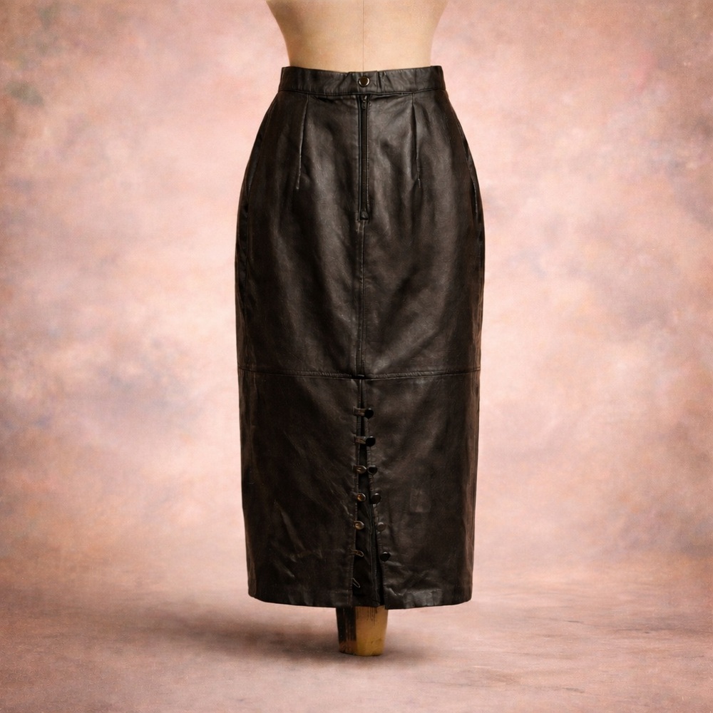 G-III Vintage 100% Leather Black Pencil Skirt